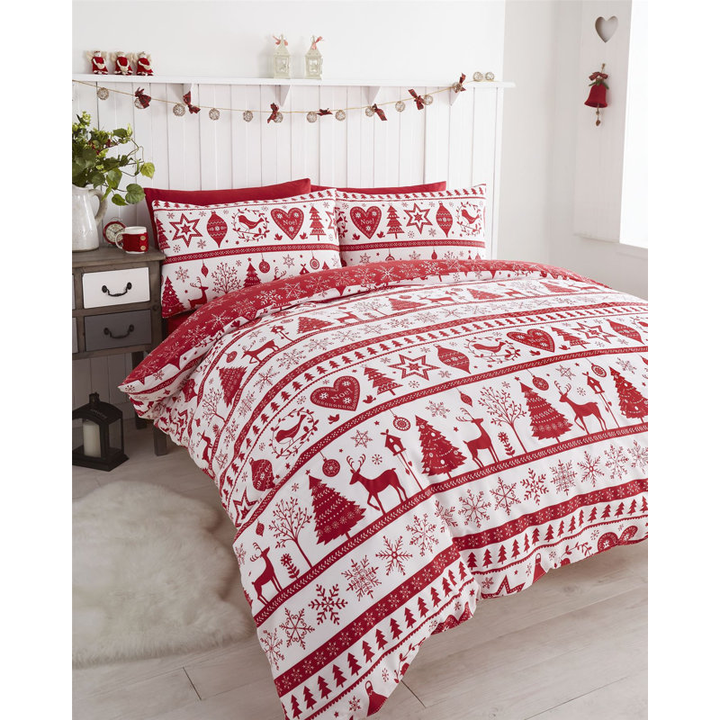 Aaryahi Nordic Scandi Christmas Duvet Cover Set, Super King Duvet Cover + 2 Standard Pillowcases, Red