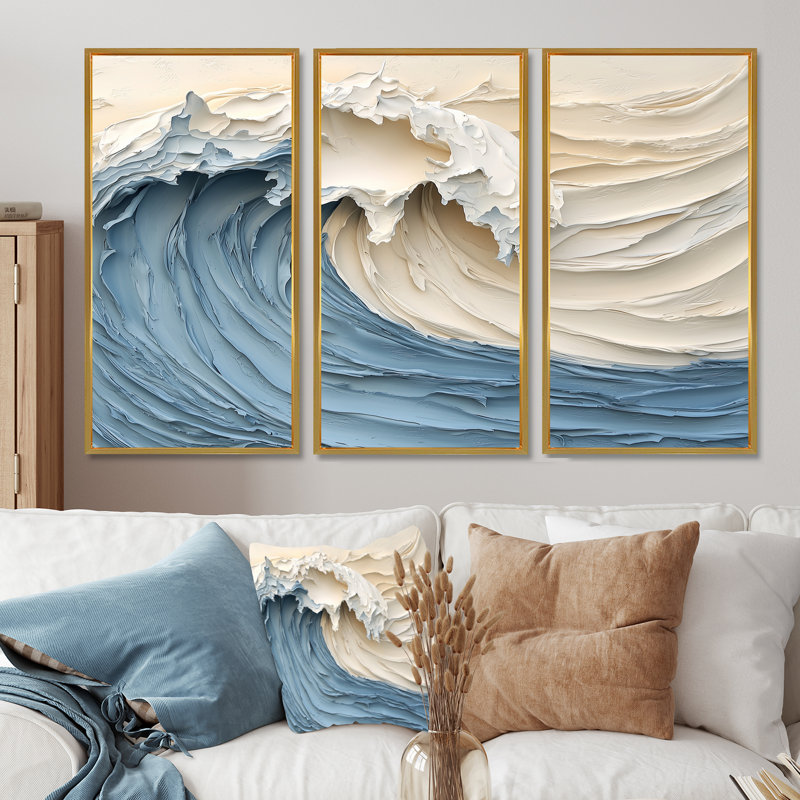 Clareen - ensemble d'impressions murales vagues côtières, Toile avec cadre flottant or, H 40 po x l 60 po x P 1 po