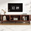Meuble télé moderne de 75 po, pieds en bois de pin, surface imperméable et plateau de rangement lisse bien conçu, compartiments organisés, style polyvalent