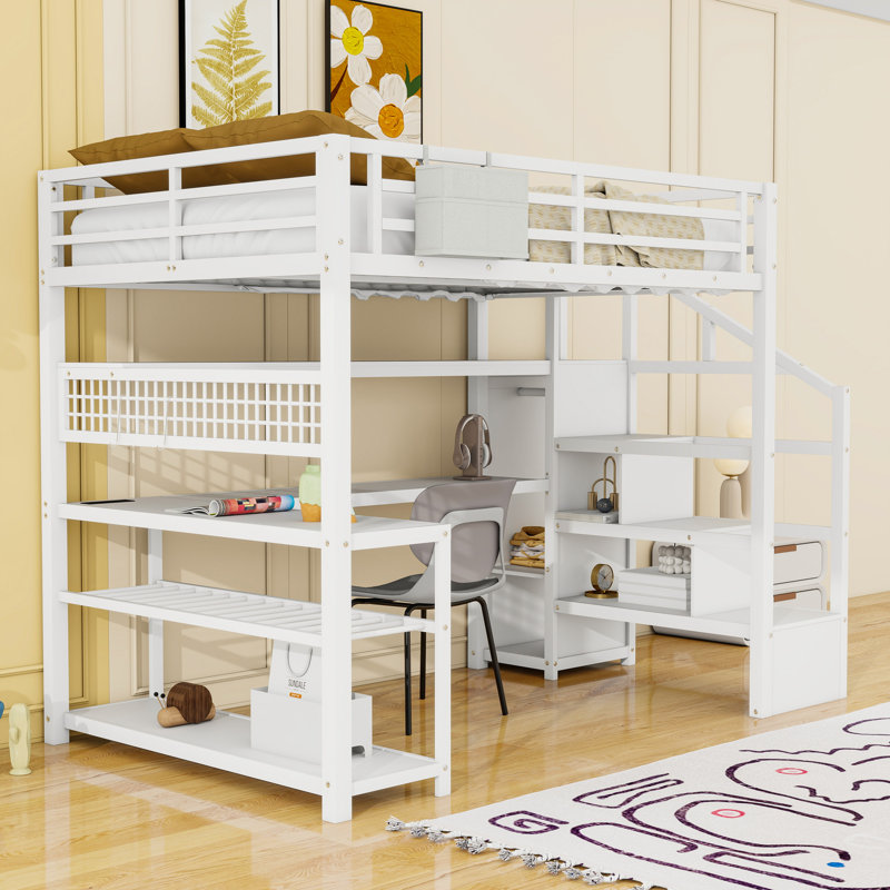 Full Loft Bed With Storage Stair, Wardrobe, L‑Shaped Desk, Shelves, LED Lights And Charging Station, White