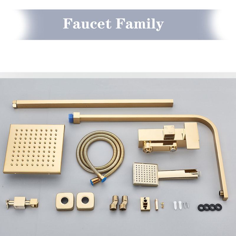 Gold Complete Shower System Fixture Wall Mounted Faucet With Rainfall Shower Head
