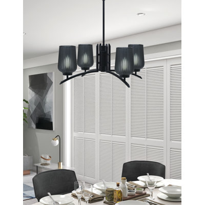 Kurve 4 Light Chandelier Shown In Matte Black Finish With 5" Textured Glass