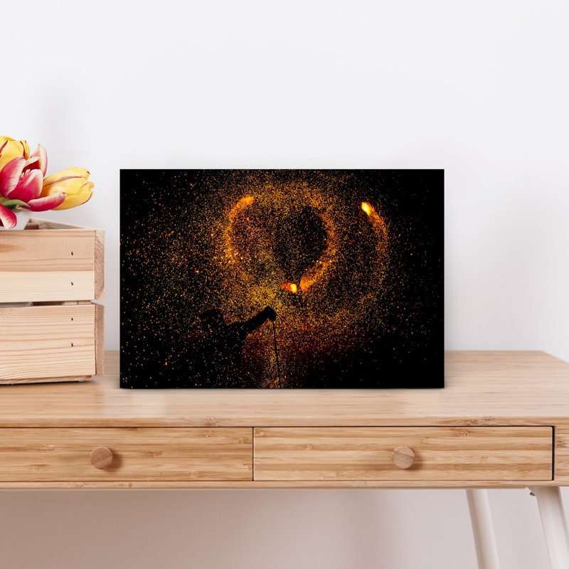 Golden Fire Spinning Dramatic Energetic Vibrant Wall Art Print 1 Piece Wrapped Canvas Wall Art, 30.48cm H x 45.72cm W