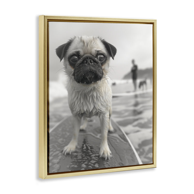 Art mural Boogie Pug Surfing Floater, par Sophie 6, H 21 po x l 17 po, Cadre flottant gris lustré