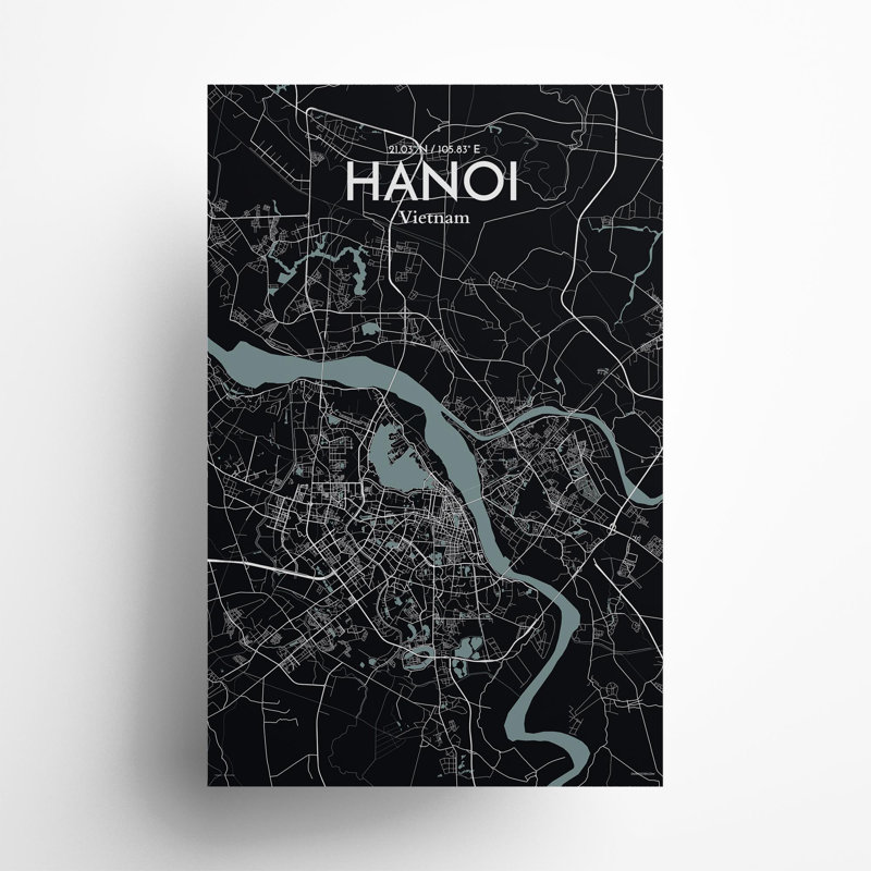 Hanoi, carte de la ville, impression, H 17 po x l 11 po, Gris/noir
