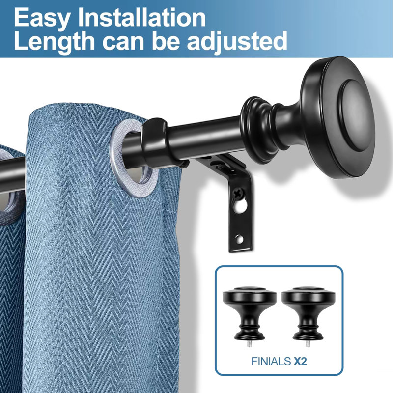 Black Adjustable Steel Single Curtain Rod Set