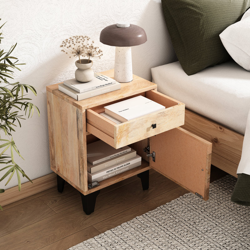 Table de chevet en bois massif avec un tiroir, finition naturelle, idéale pour la décoration de chambre à coucher et le rangement, l 18 po x P 14 po H 24 po de rangement pour les petits articles, large et profond