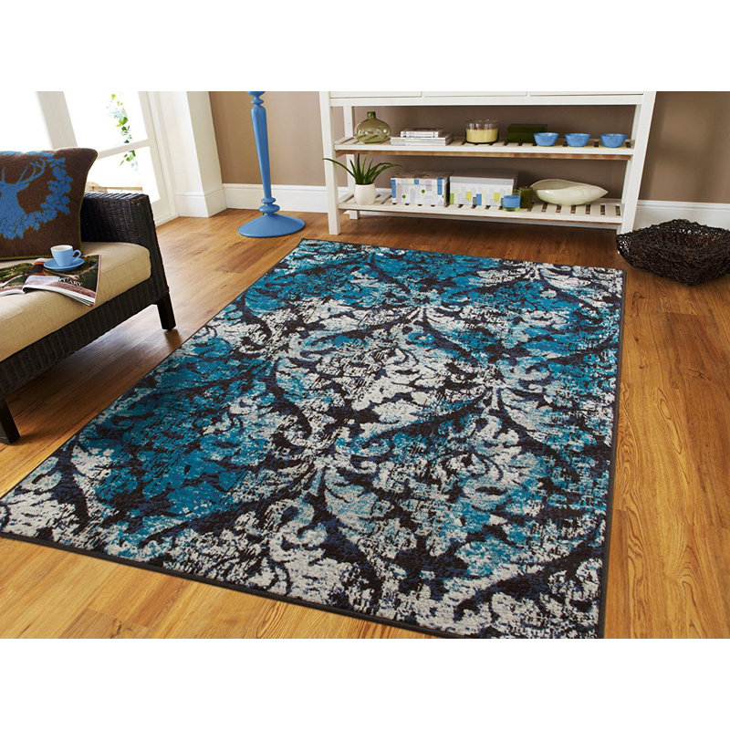 tapis intérieur/extérieur noir/bleu Bethzy, Rectangulaire 8 pi x 11 pi