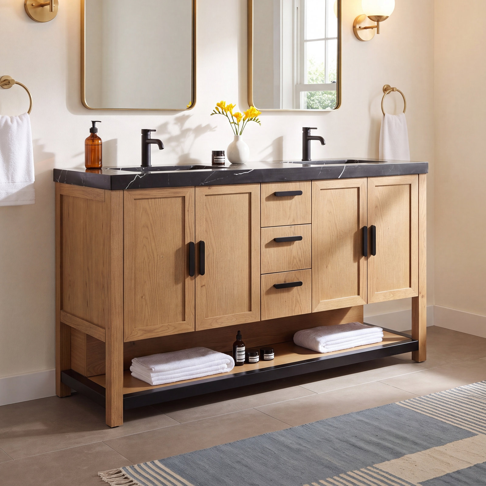 Willard 60" Double Bathroom Vanity, Black, Pecan Oak