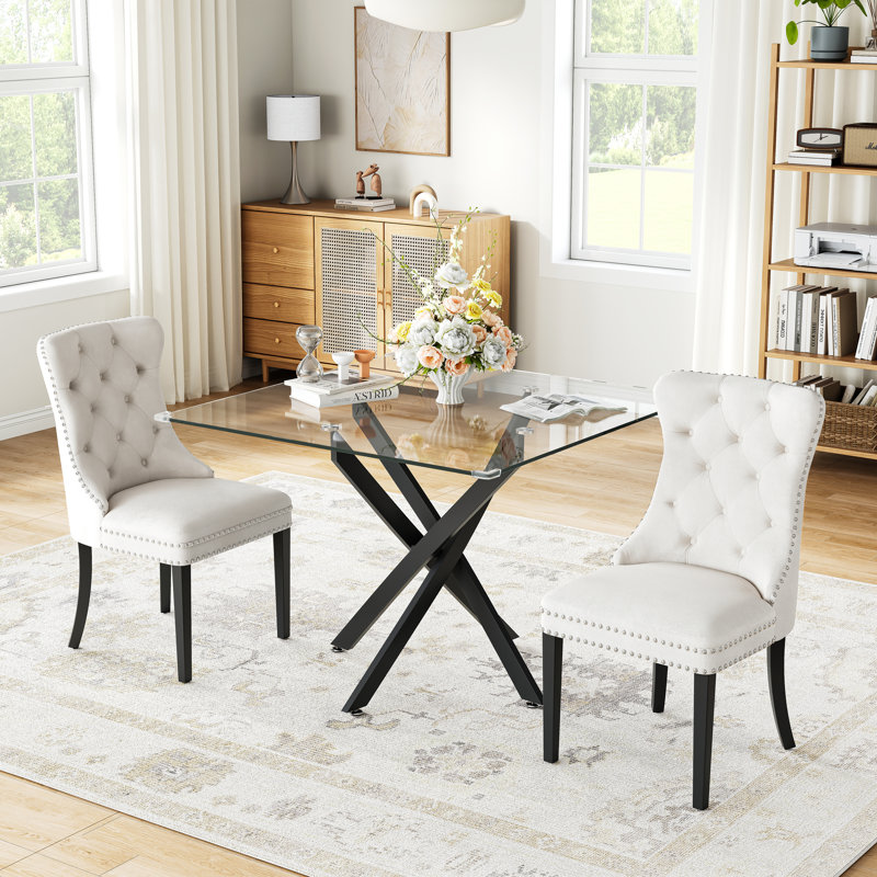 3-Piece Square Dining Set, 36" Tempered Glass Table With Matte Black X-Base And 2 Velvet Dining Chairs With Pull Rings, Modern Kitchen Furniture Set