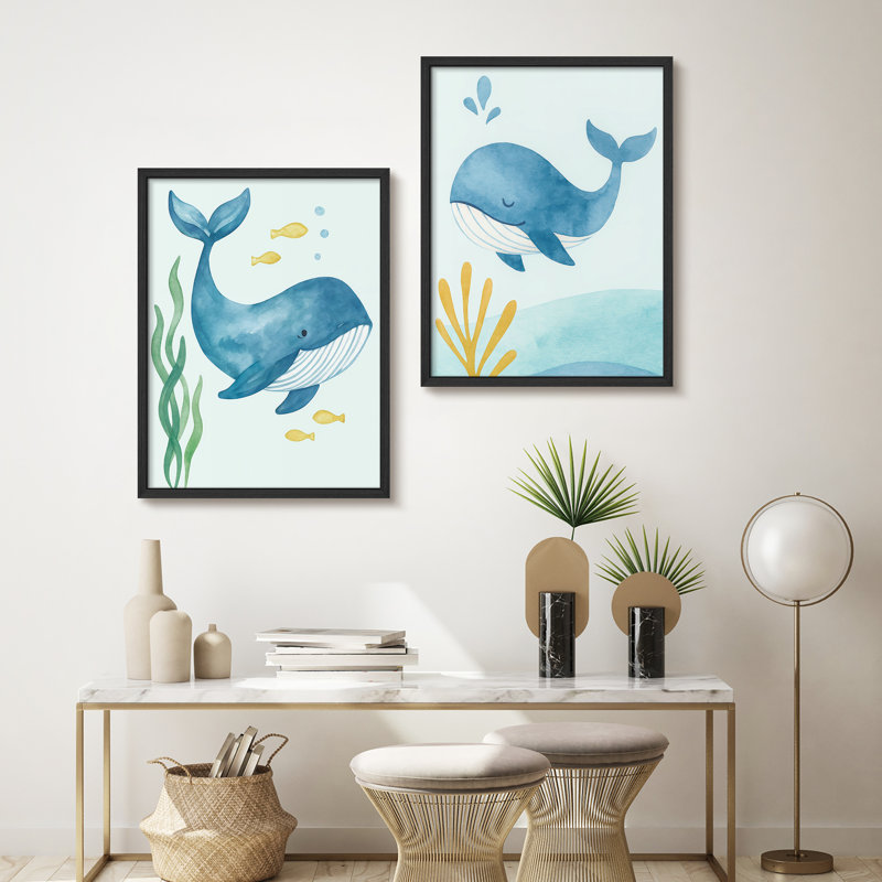 Aquarelle, baleine, ensemble d'art mural encadré de 2 - impressions océan bleu pour salle de bain ou chambre d'enfant