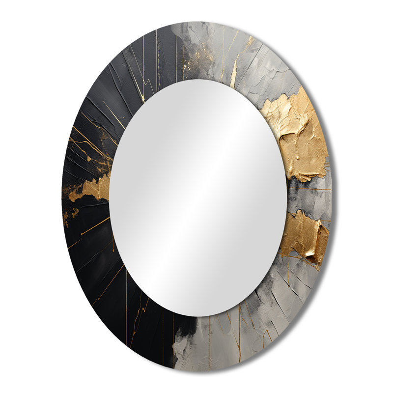 Black And Gold Abstract Meditation I - Large Oval Wall Mirror On Metal, 43" x 33"