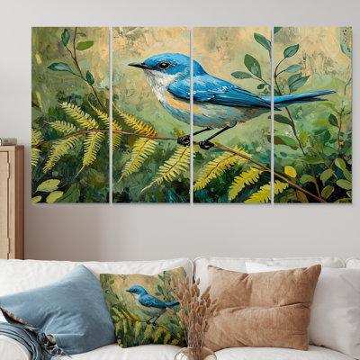 Oiseau bleu et fougères de la forêt II - Art mural oiseau - art mural moderne pour le salon