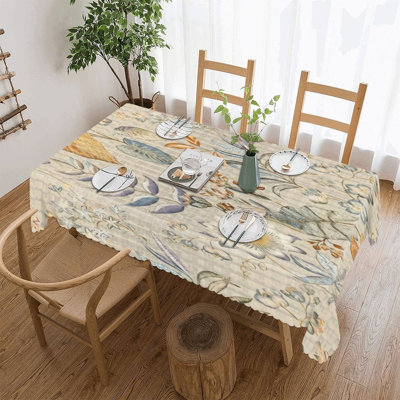 Vintage Neutral Watercolor Floral Table Mat with Wavy Edges, Home Dining, Backyard Events, 60 x 120 inch