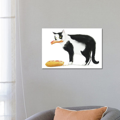 Black Cat And Hot Dog by Alexey Dmitrievich Shmyrov - Wrapped Canvas Print