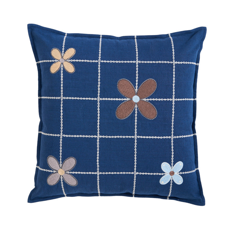 Grid & Flowers Pillow Cover 20x20 Inch, Navy;Brown