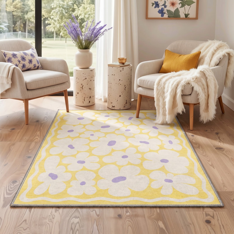 Tapis floral jaune / ivoire lavable à la machine avec envers antidérapant, Rectangle 5 pi x 7 pi