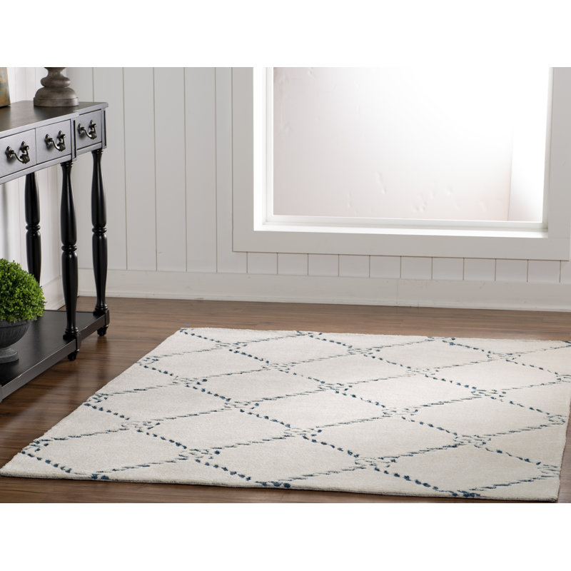 Mehcad Handmade Rug Ivory And Navy, Rectangle 5' x 7'