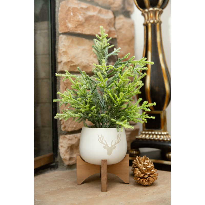 Arbre de Noël givré en pot en céramique Staghead sur support en bois, H 15,75 po x l 8 po x P 8 po