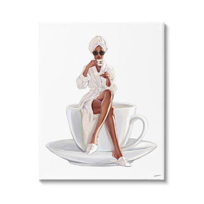 «Chic Coffee Teacup», femme, sirotant, lunettes de soleil, art mural surdimensionné par Ziwei Li