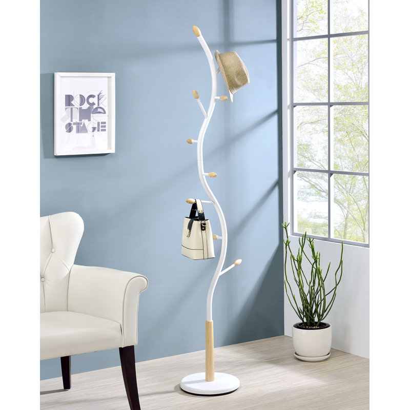 Metal Whtie And Oak Standing Coat Rack