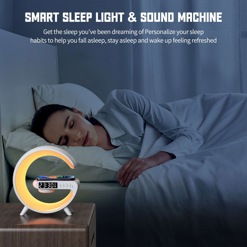 LED Table Lamp with Wireless Charger, Mini G Atmosphere Lamp with Bluetooth Speaker, Night Light Lamp Sunrise Alarm Clock, Smart Light Sound Machine for Bedroom