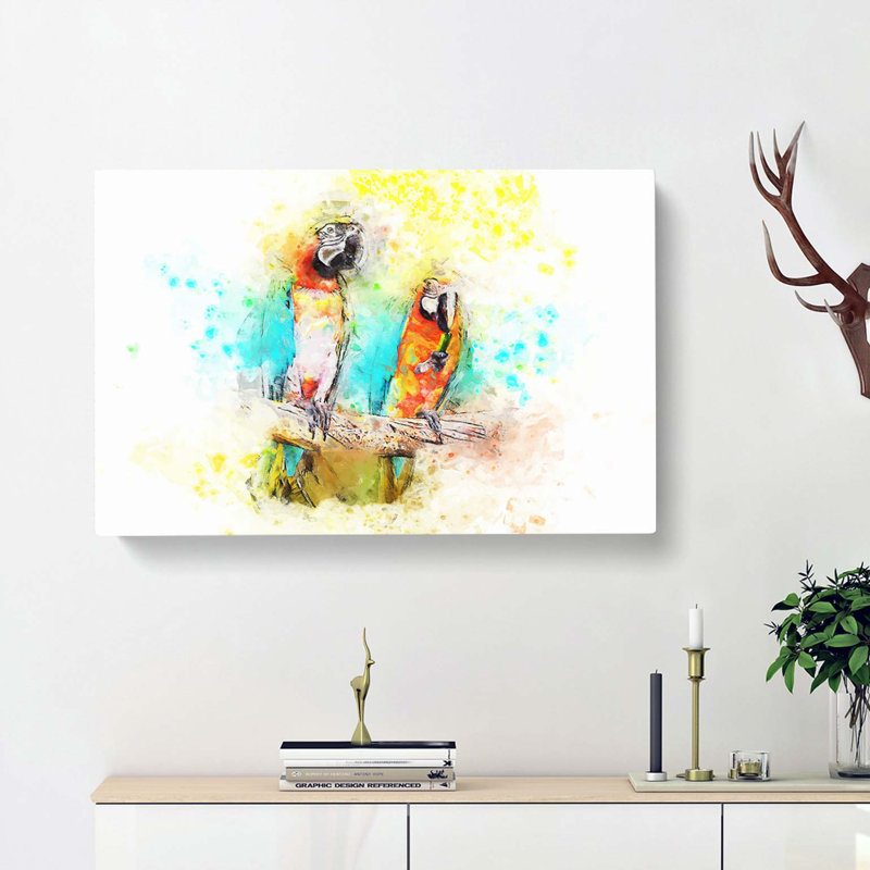 Two Macaw Parrots On A Branch In Abstract - Wrapped Canvas, 35cm H x 50cm W x 3cm D