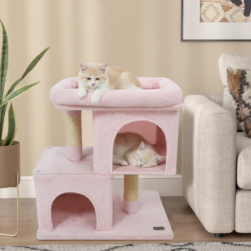 Arbre à chat moderne et peu encombrant avec perchoir rembourré et 2 niches pour chats, rose, Rose