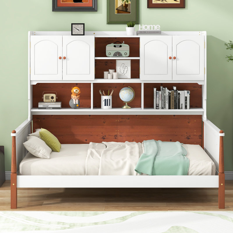Twin Size Platform Bed With Multiple Storage, White+Walnut