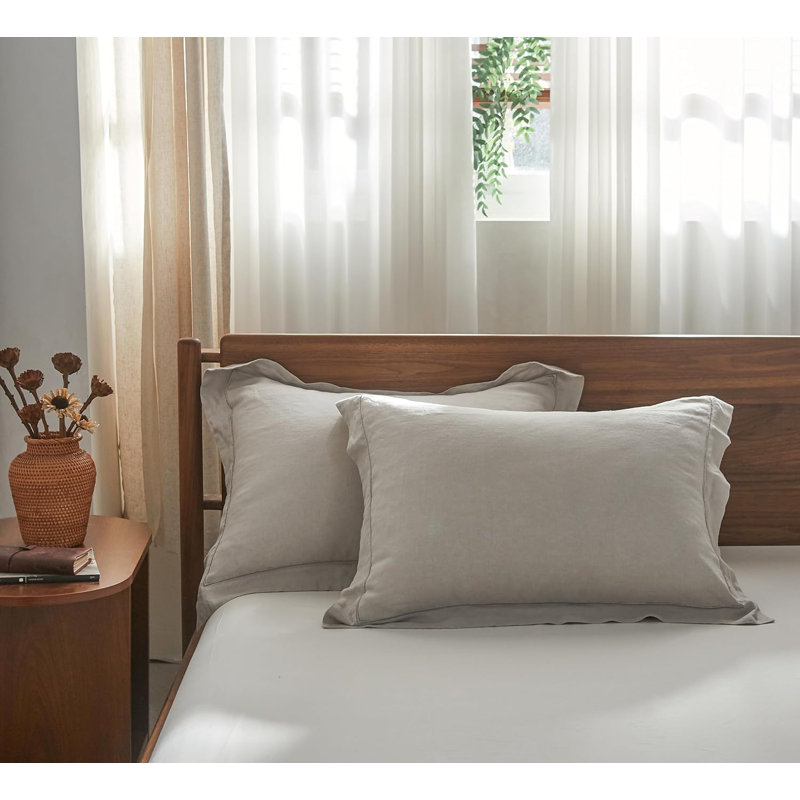 100% French Linen Pillowcase Set Of 2, Pure Flax Pillow Covers With Embroidered, Light Gray, King Pillowcase