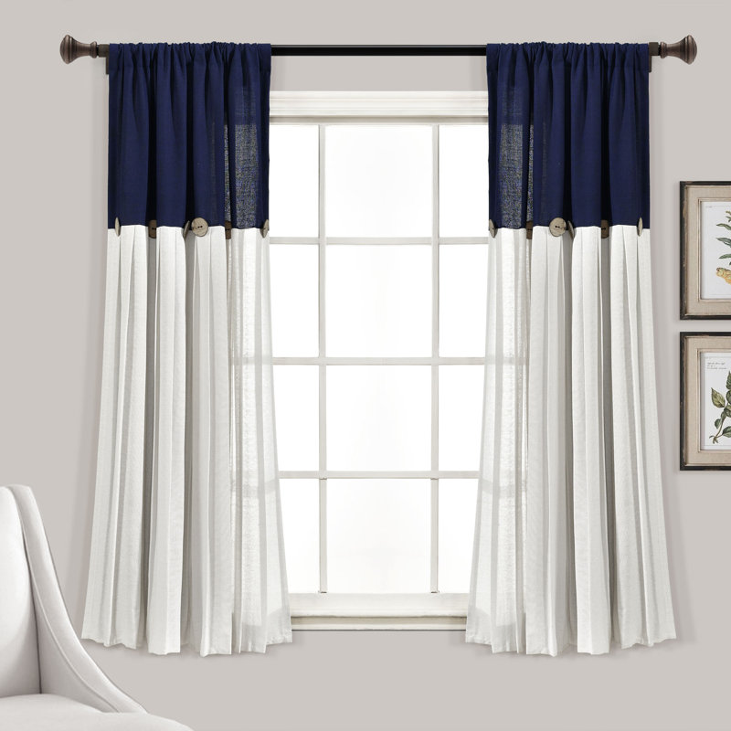 Panneaux de rideaux simples semi-diaphanes en coton mélangé avec passe-tringle, Bleu marine/blanc