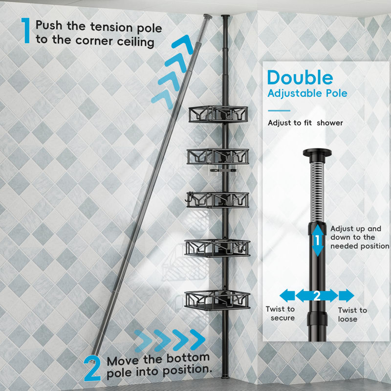 Adjustable Five-Tier Corner Shower Shelf With Hooks And Rust-Proof Pull-Out Brackets, 62-113 Inch Storage Rack