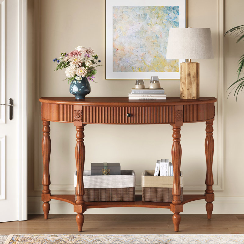 Console demi-lune avec tiroir et tablette, Rustic Brown, Brun rustique, Rustic Brown