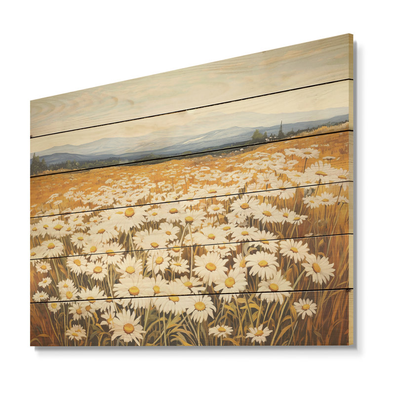 Symphonie blanche «Daisy Bloom» dans le champ - marguerites, art mural sur bois de pin naturel, H 10 po x l 20 po