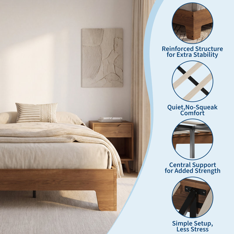 Cadre de lit plateforme en bois de format California King, profil bas, avec lattes en bois silencieuses, Brown Twin