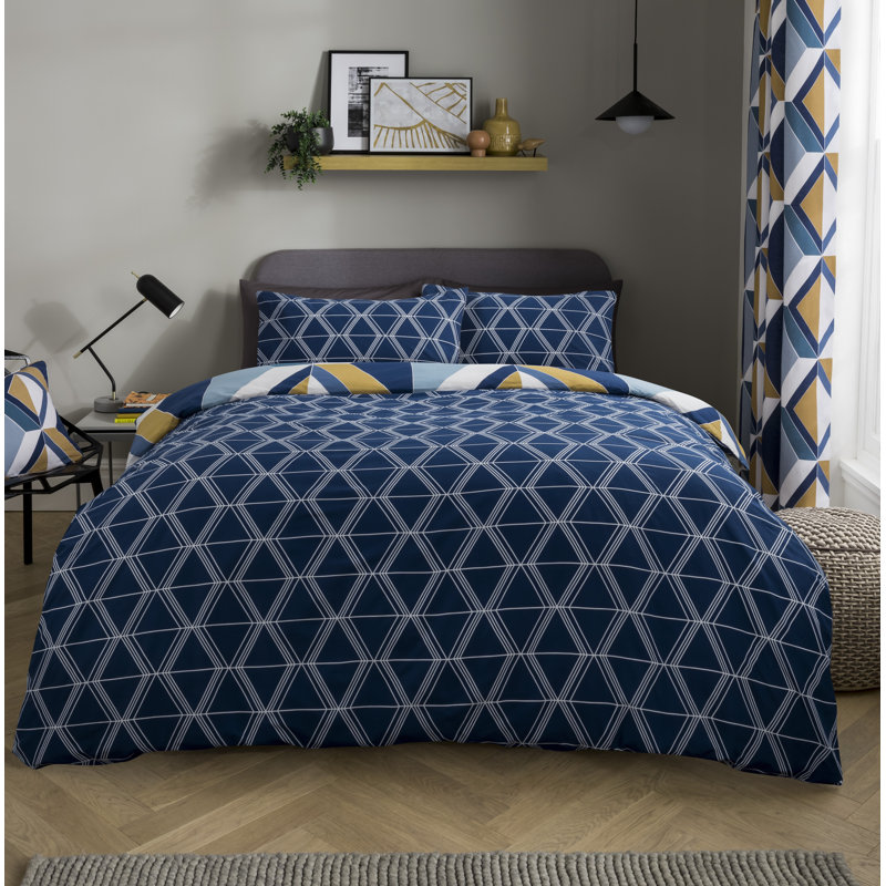Diamond Geo Geometric Shapes Duvet Cover Set with Pillowcases, Navy, Kingsize - 2 Standard Pillowcases