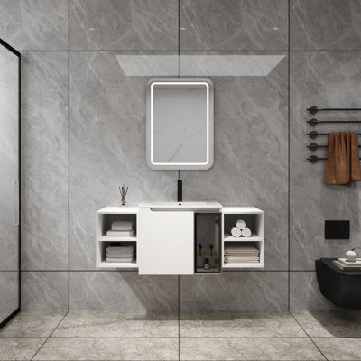 Wall-Mounted Bathroom Vanity With Ceramic Sink, 2xSoft Close Doors,Glossy White Vanity & Grey Glass 1/2 Door, 2xSmall Storage Shelves,Combination Cabinet