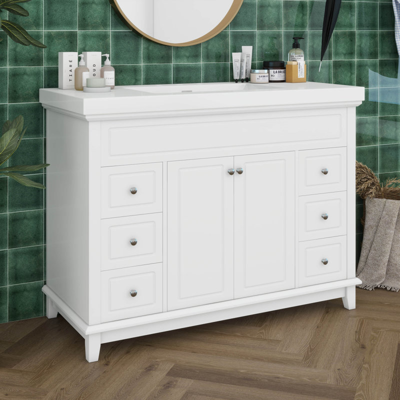 Meuble-lavabo 48 po avec lavabo en résine, armoire de salle de bain moderne avec 6 tiroirs à fermeture douce et 2 portes