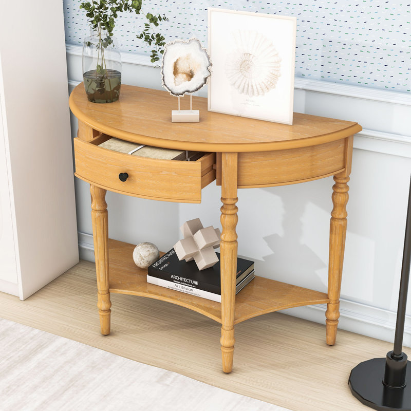 Console avec tiroir et tablette Farmhouse - Demi-lune rustique, Bois naturel