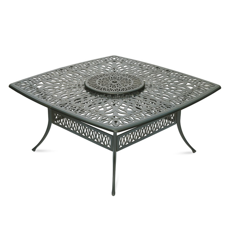 World Menagerie Outdoor 63.98" Patio Dining Table For 8 Person, Large Patio Square Dining Table With 23.98" Lazy Susan, Dark Bronze Cast Aluminum Rustic Patio Table W/umbrella Hole For Balcony, Porch And Deck