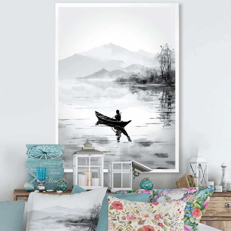 Sinquefield, art asiatique, canot-bateau III, Cadre photo blanc, H 44 po x l 34 po x P 1,5 po