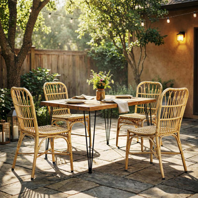 Ensemble de salle à manger d'extérieur 5 pièces pour 4 personnes, table carrée 32,5 po avec plateau en bois d'acacia et chaises en rotin, mobilier moderne pour patio, terrasse, jardin et porche, teck et jaune