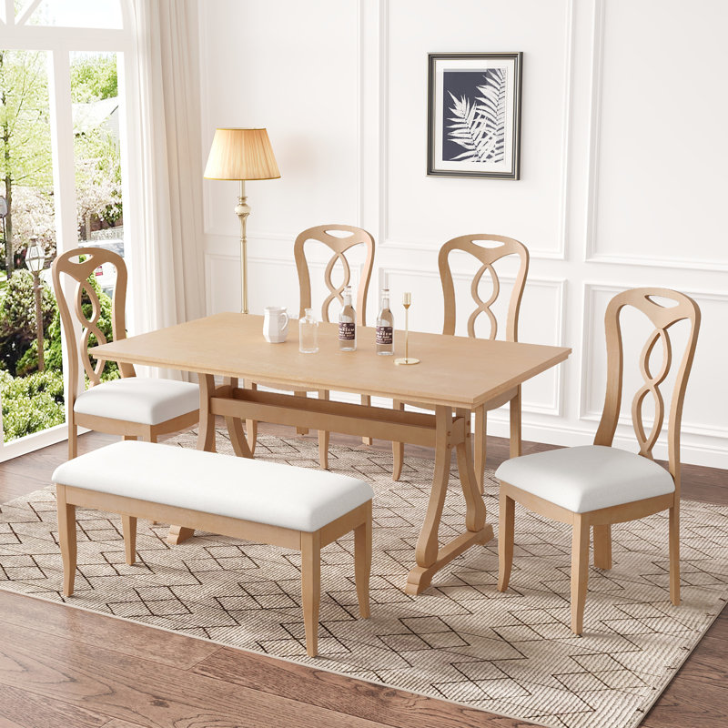 Ensemble de table de salle à manger à tréteaux 6 pièces avec chaises rembourrées et banc de salle à manger Retro, Naturel