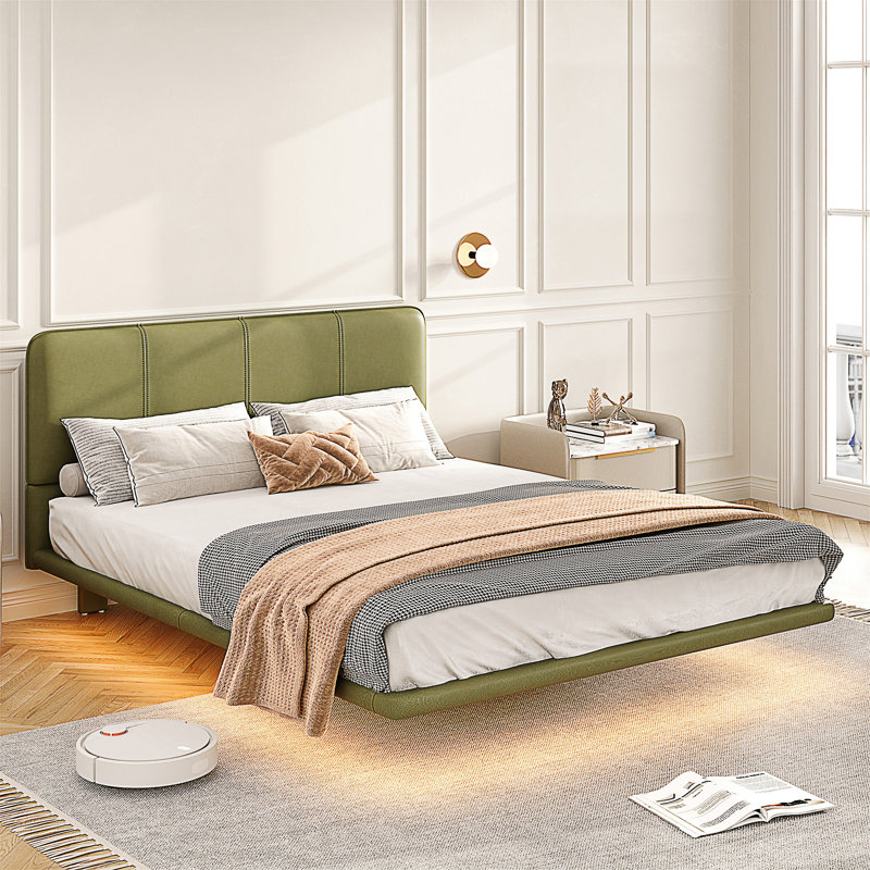 Structure de lit flottante avec lumière DEL, lit plateforme en cuir PU moderne, aucun sommier requis, assembler , Lit double
