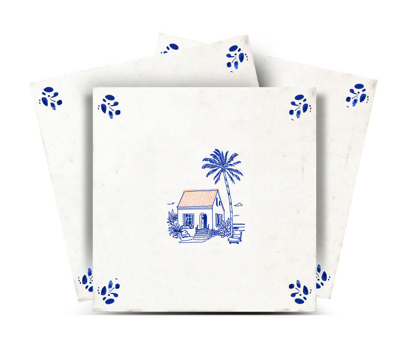 Carreaux de mosaïque autocollants en vinyle bleu et blanc style cottage tropical vintage 7 po x 7 po