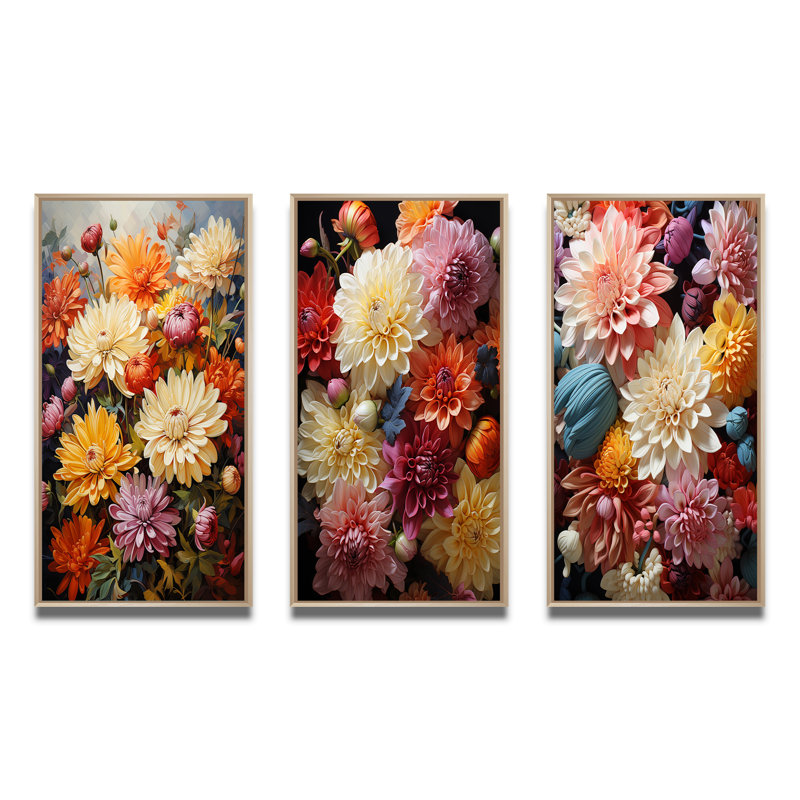 «Mums Mums In Bloom», 3 pièces sur toile, Cadre naturel flottant, H 40 po x l 60 po
