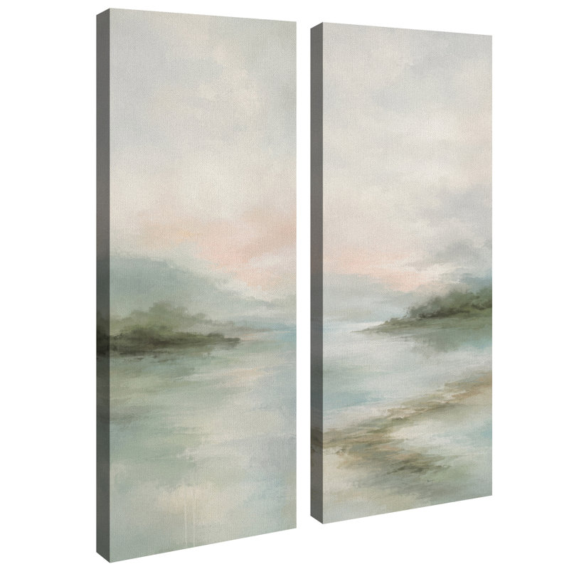 Paysage côtier brumeux bleu sauge doux – Ensemble de 2 impressions d'art encadrées sur toile 32 po x 12 po x 2