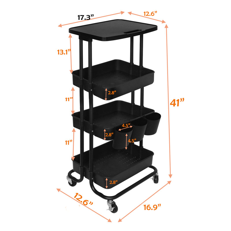 4 Tier Utility Cart Rolling Metal Organization Cart with Table Top & 3 Hanging Cups & Lockable Wheels, Multifunctional Storage Baskets for Kitchen Living Room Office