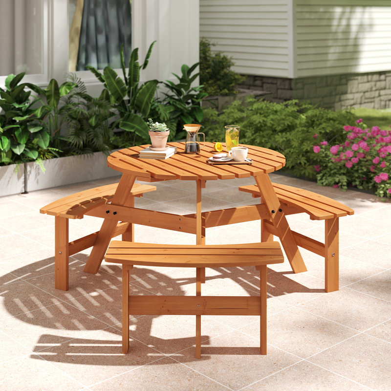 6-person Round Picnic Table Set With 3 Built-in Benches 2" Umbrella Hole, Yellow