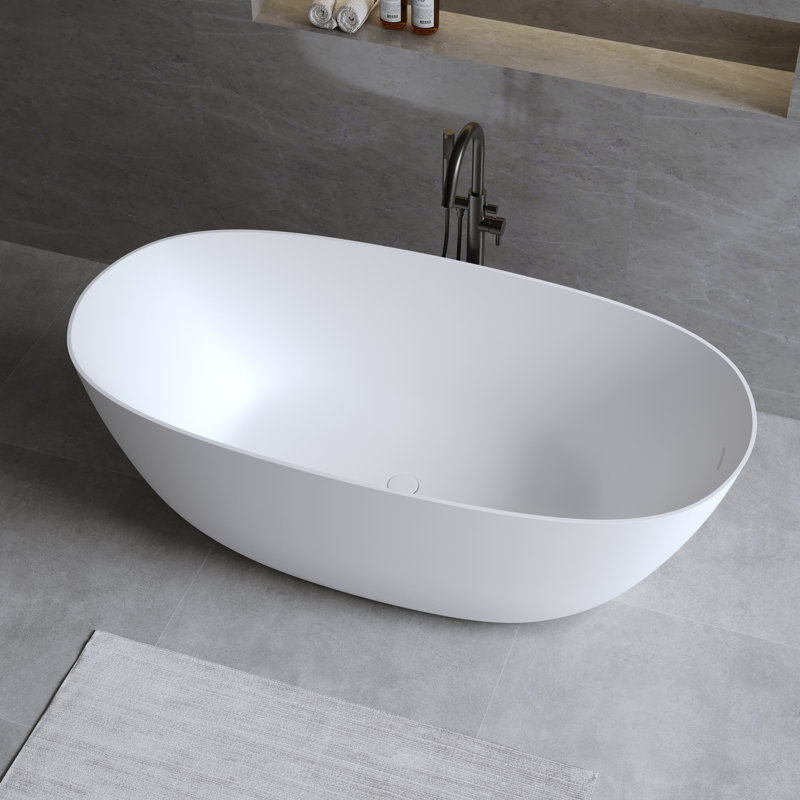 69" x 31.9" Freestanding Solid Surface Soaking Stone Resin Bathtub, Thick Edge Tubs with Overflow, Pop-up Drain, Matte White